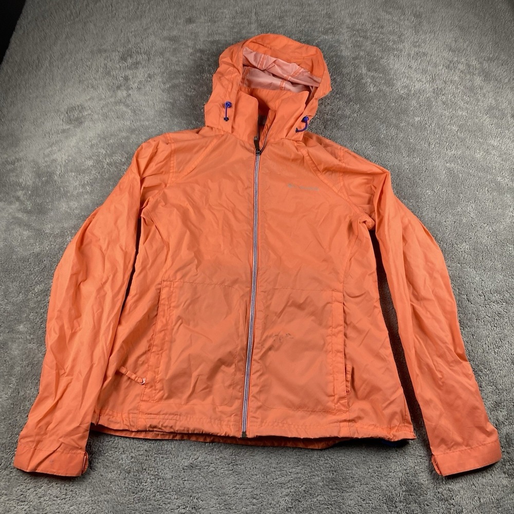 Columbia Brand Rain Wind Jacket Womens Small Coral Orange Hood Long‎ Sleeve